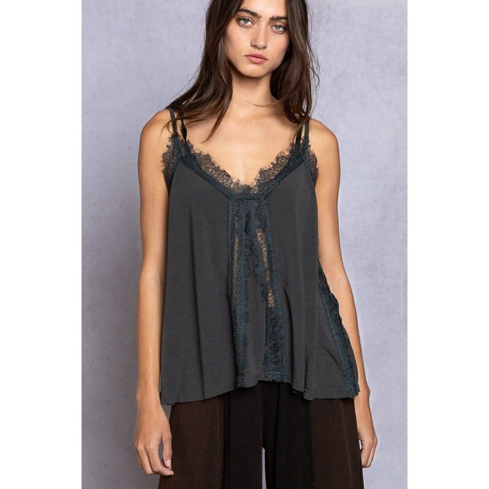 POL Run Away With Me Lace Tank in Charcoal YKT34